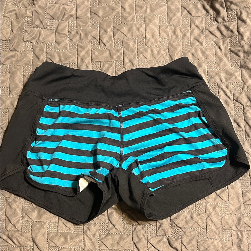 Reebok Women's Black and Blue Striped Athletic Shorts